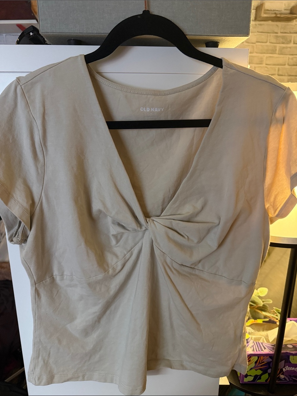 Old Navy Light Cream Twist-Front Short Sleeve V-Neck Top